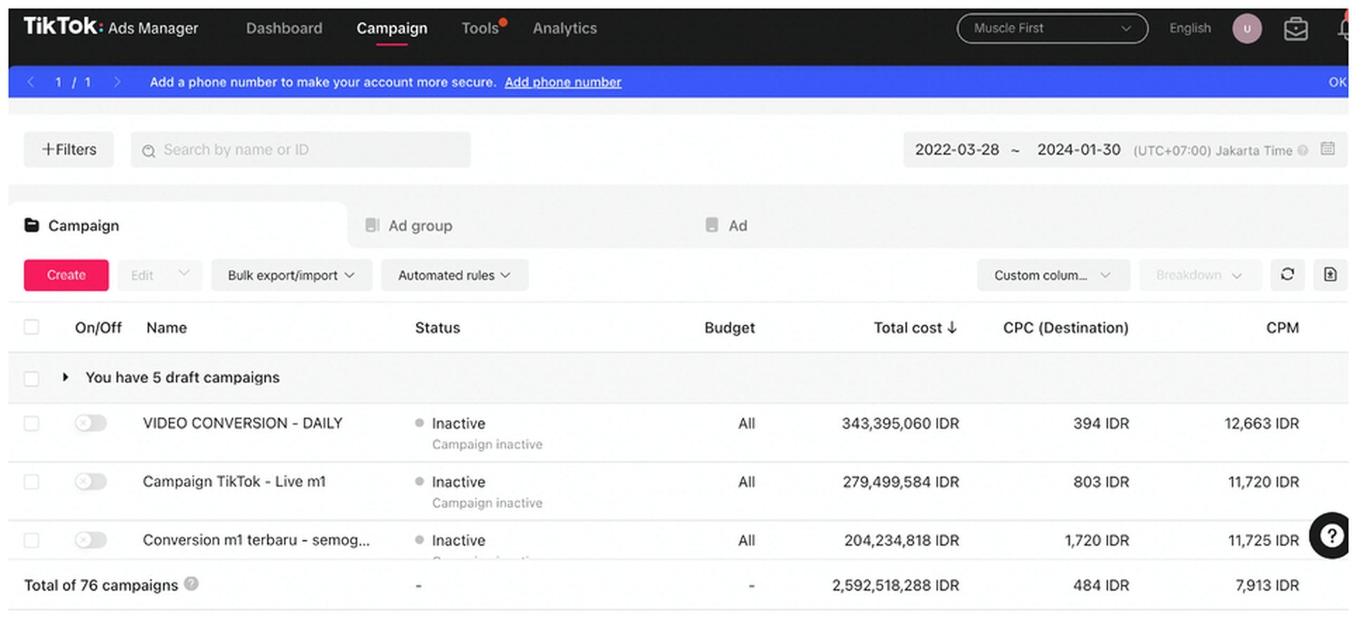 TikTok Ads Manager dashboard, Muscle First