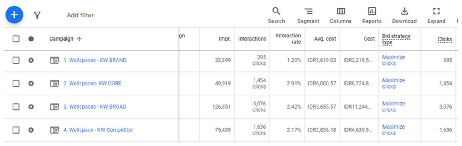 Google Ads dashboard, Wellspaces
